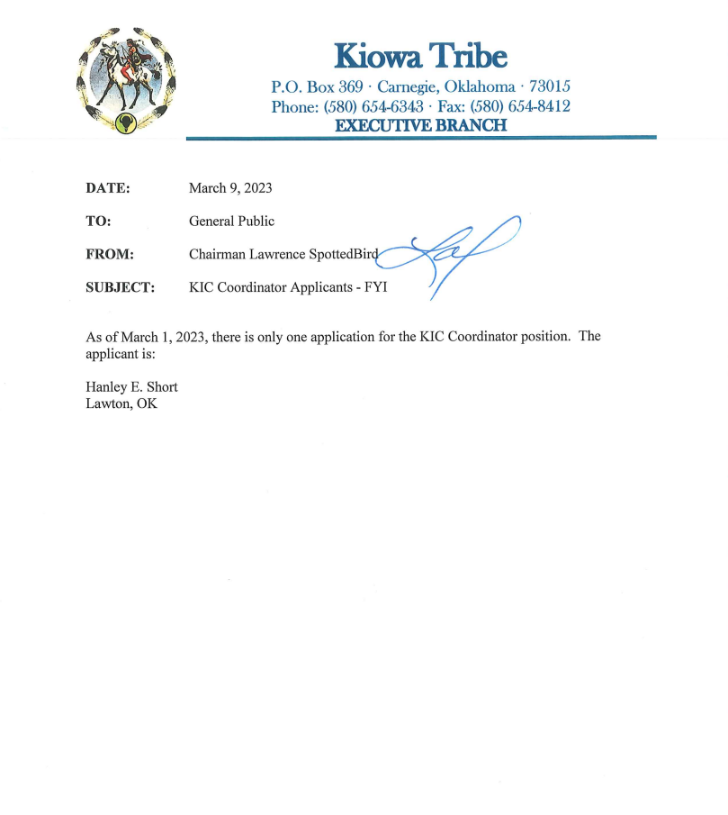 Memo From Chairman SpottedBird Kiowa Tribe